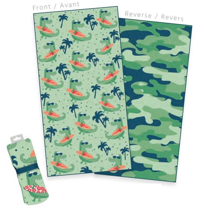 Serviette de plage 28 po x 58 po réversible en microfibre crocodiles camo
