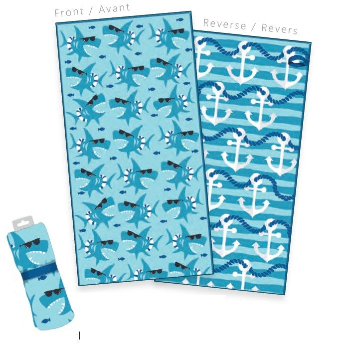 Serviette de plage 28 po x 58 po réversible en microfibre requins sympas