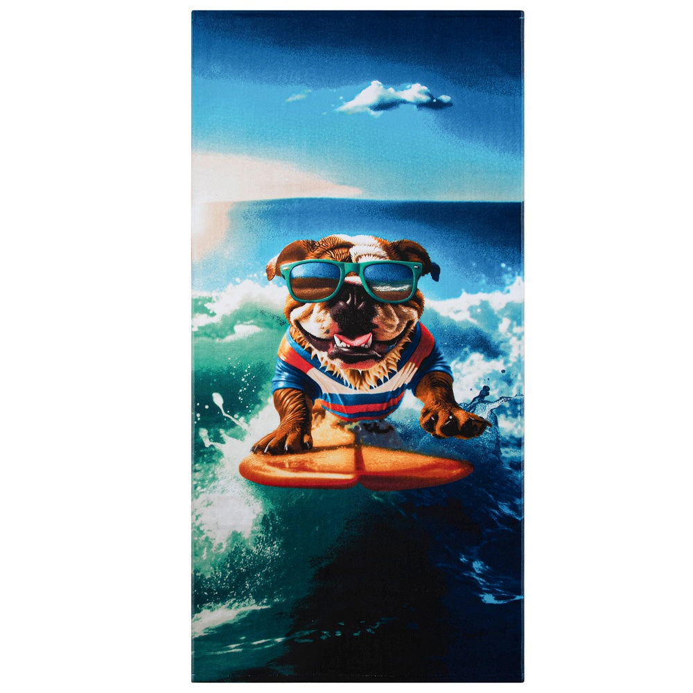 Serviette de plage en velours 28 po x 58 po Chien surfeur