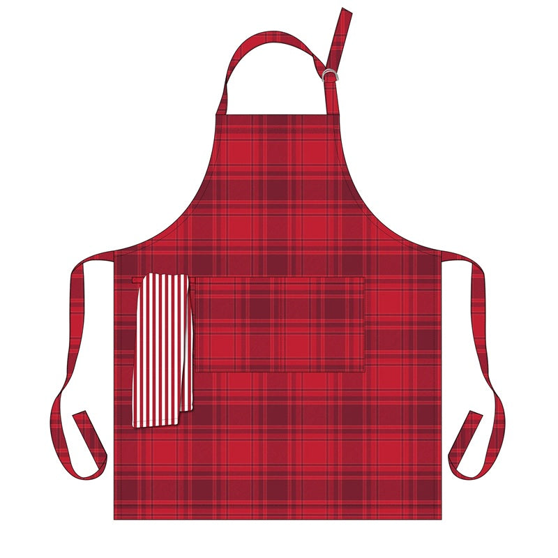 Ensemble de tablier carrelé rouge et serviette de cuisine