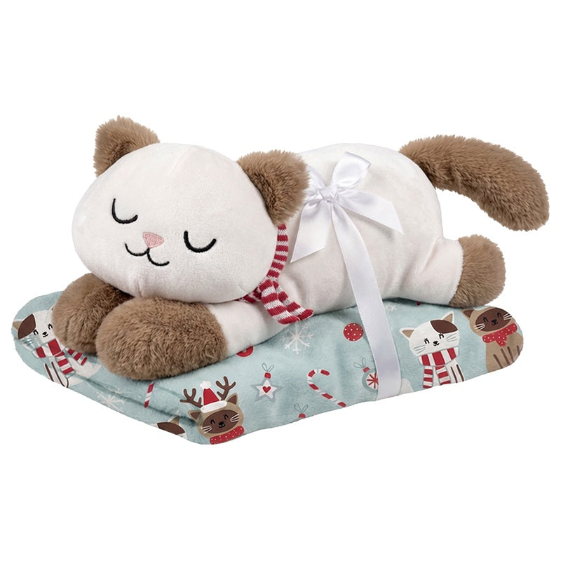 Ensemble peluche chat Luna et jeté 48 po x 60 po bleu avec motif de chats