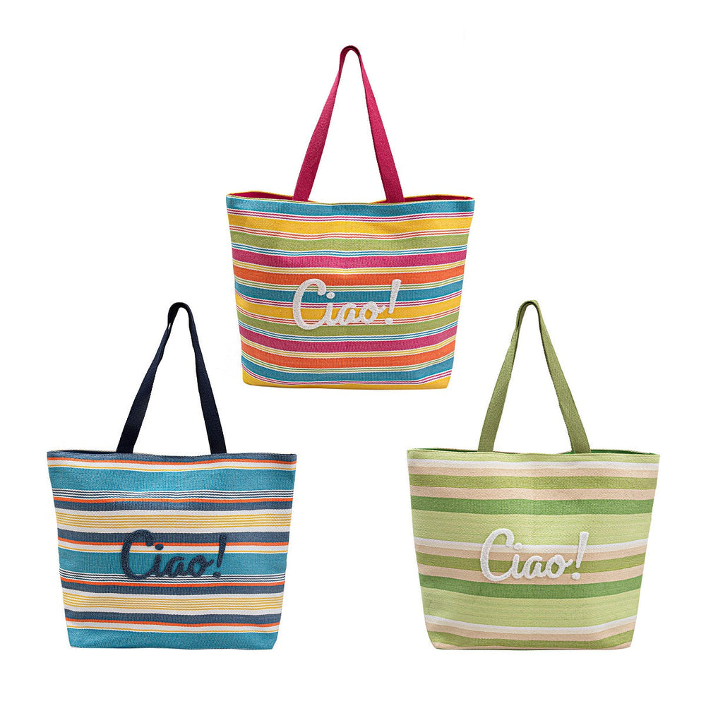 Sac de plage en paille tissé 20 po x 15 po brodé Ciao!