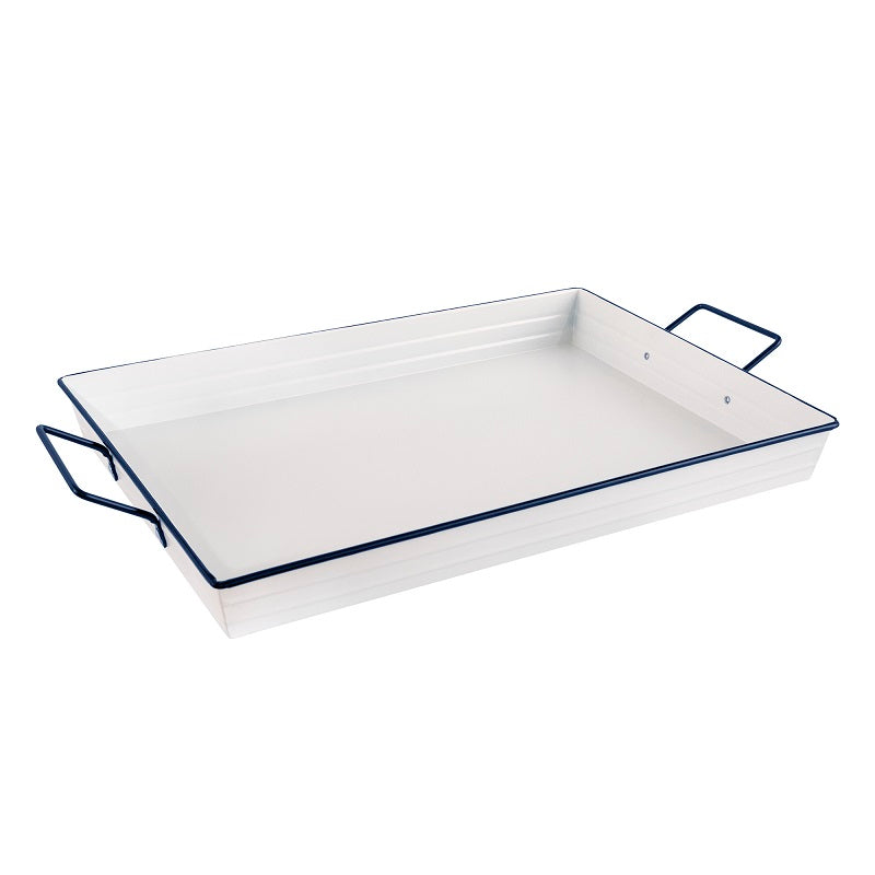 Plateau de service en étain 19 po x 13 po x 2 po blanc et bleu