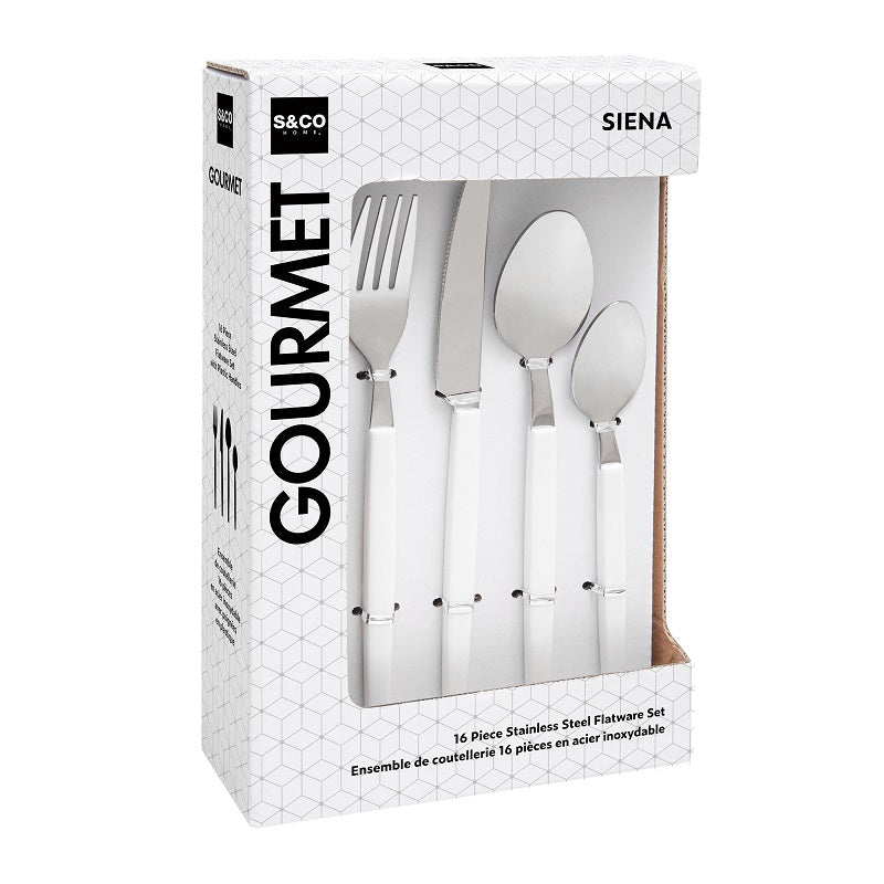 Ensemble d'ustensiles avec manche en plastique blanc (paquet de 16)