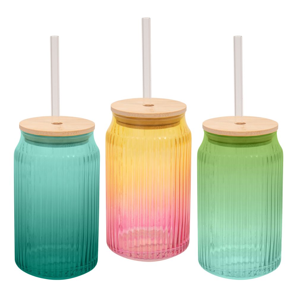 Verre strié avec paille et couvercle en bambou 500 ml