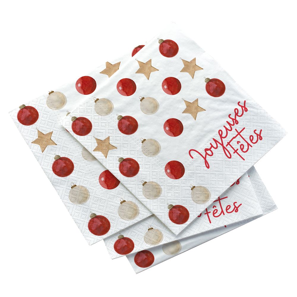 Serviette de table en papier 13 po x 13 po Joyeuses Fêtes et boules de Noël (paquet de 20)