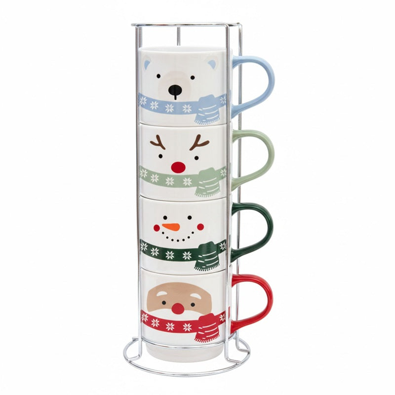 Ensemble de tasses 425 ml empilables de Noël avec visage et support métallique (paquet de 4)