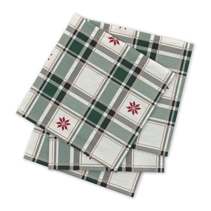 Serviette de table en papier 3 plis 13 po x 13 po flocons rouges avec carrelé vert (paquet de 20)