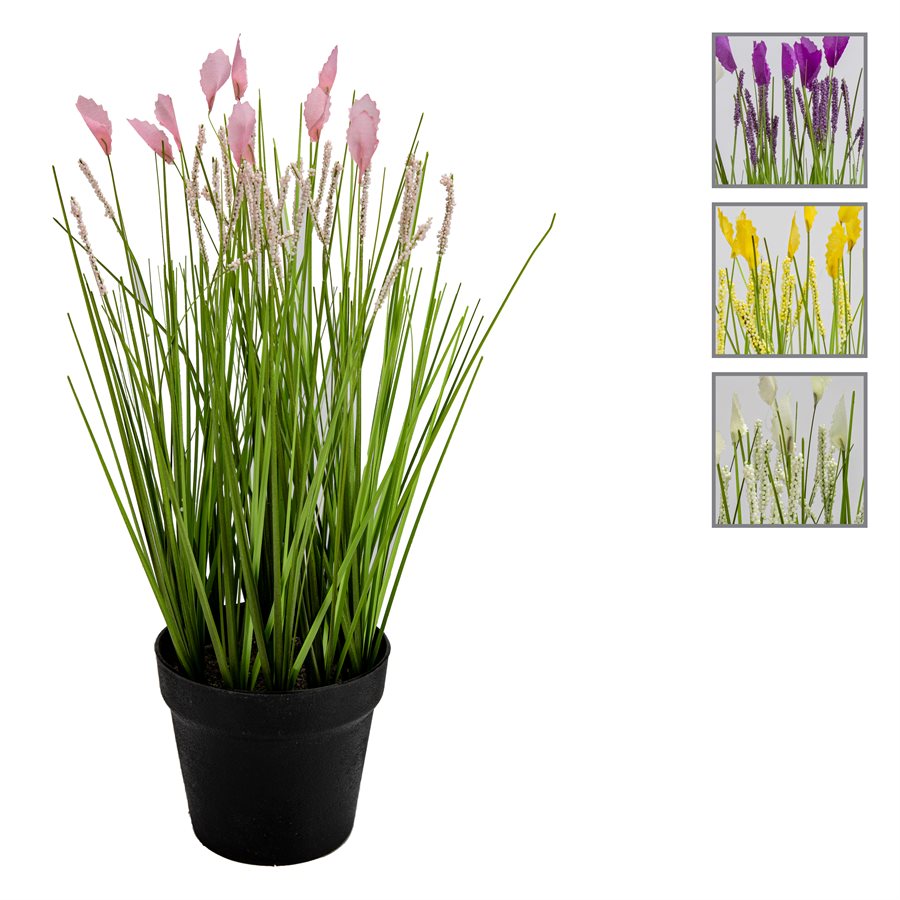 Herbe verte avec fleurs artificielles 11 po dans pot en plastique noir
