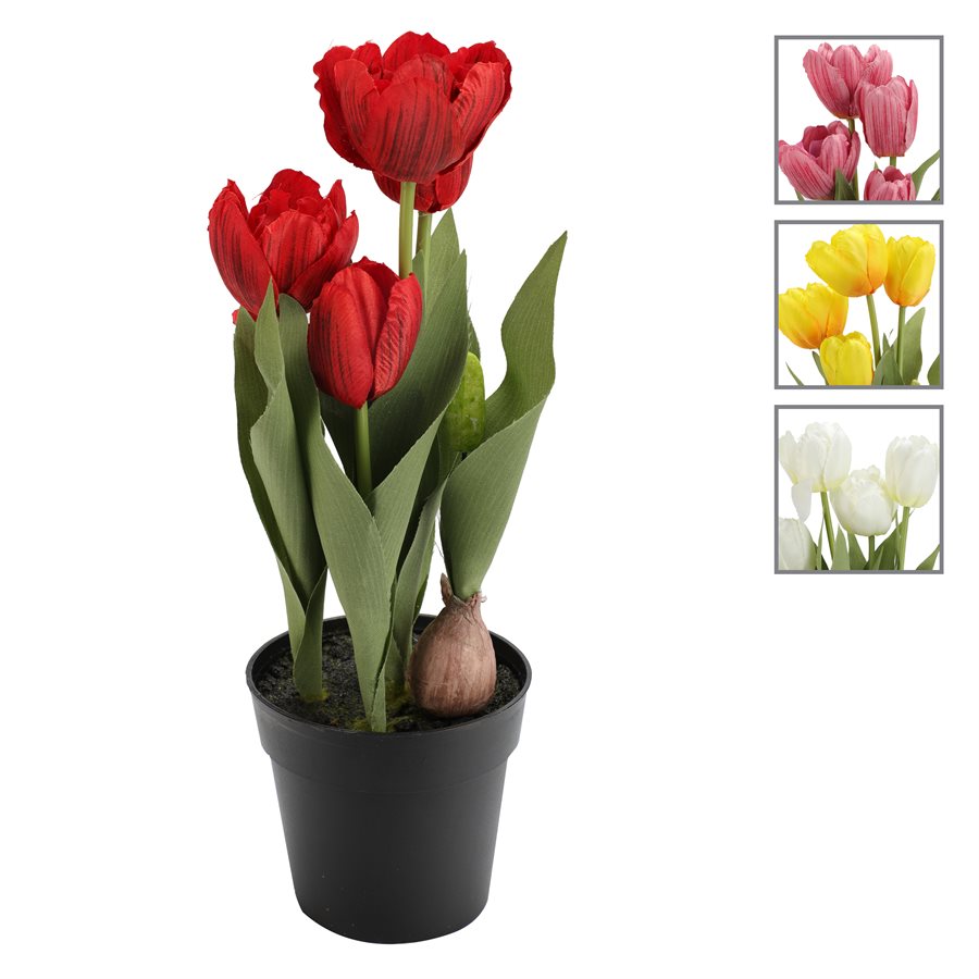 Tulipes artificielles 13 po dans pot en plastique noir