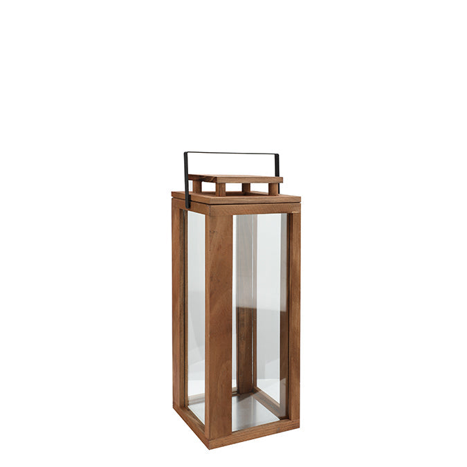 Lanterne en bois et verre 12 po brun avec poignée en métal