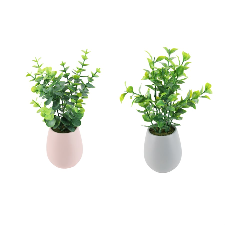 Plante verte artificielle 9 po dans pot en céramique rose/gris