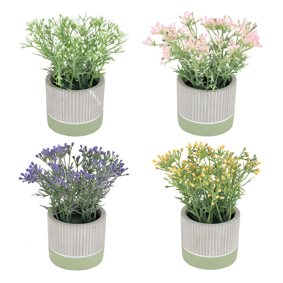 Plante verte artificielle avec bourgeons colorés 6 po dans pot en ciment gris et vert