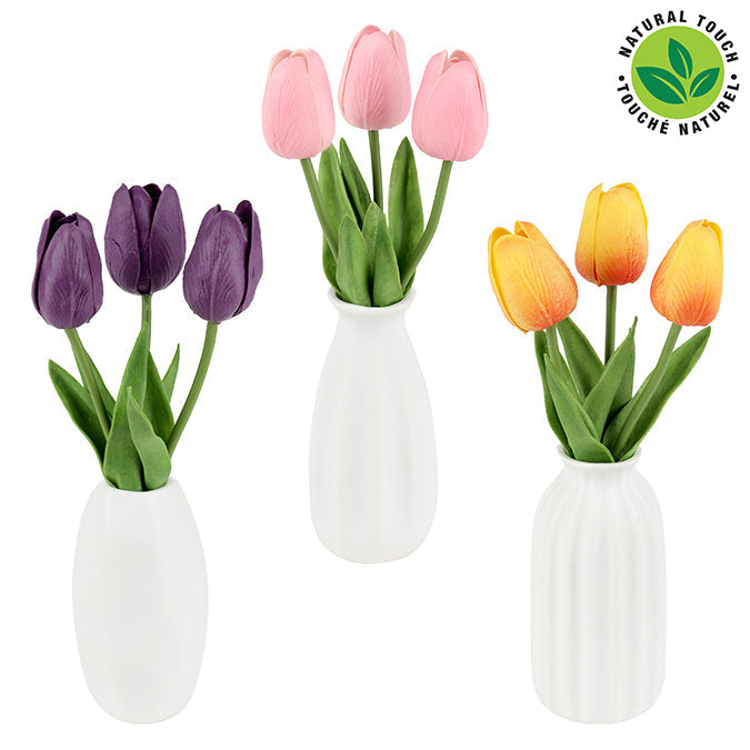 Vase 9 po en céramique avec 3 tulipes artificielles