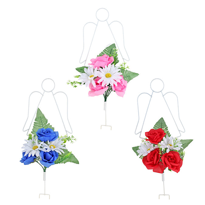 Bouquet de fleurs commémoratif avec ange en fil de fer sur piquet 18 po