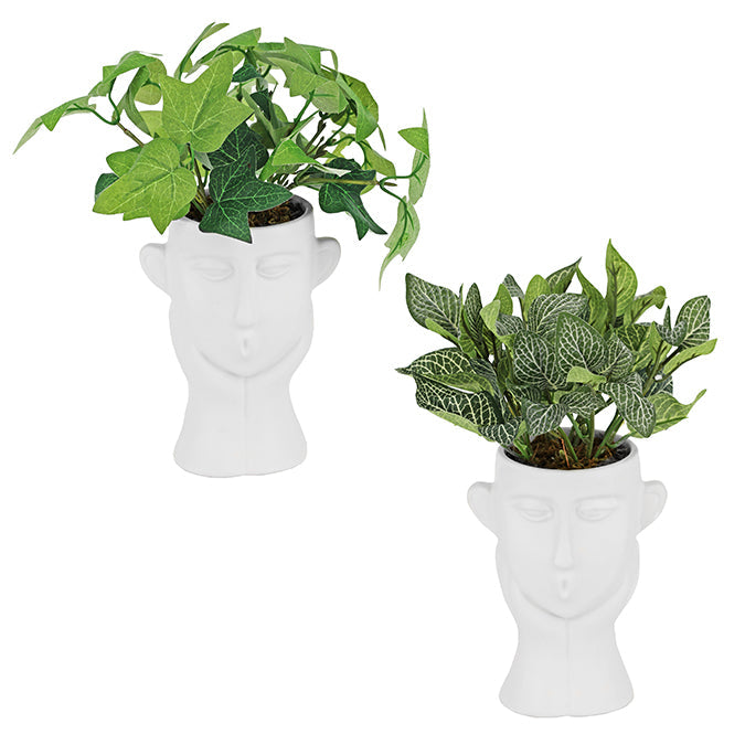Plante artificielle dans pot en céramique blanc en forme de visage