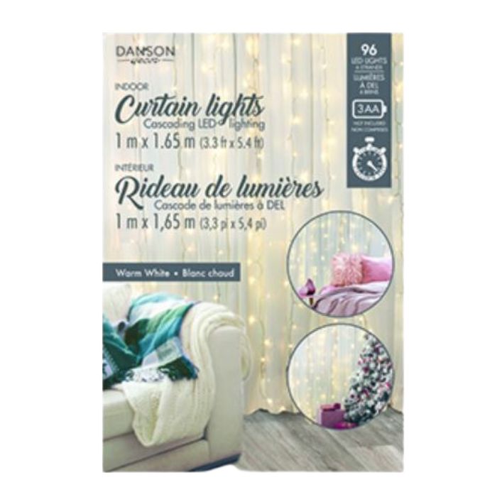 Rideau de lumières pour intérieur 3,3 pi x 5,4 pi, 96 micro DEL, blanc chaud, à piles