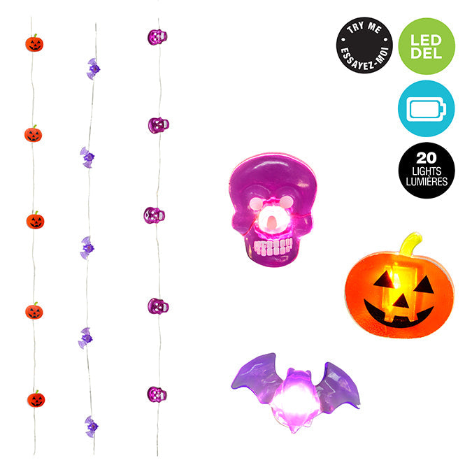 Jeu de 20 lumières DEL tête de mort et citrouille et chauve-souris