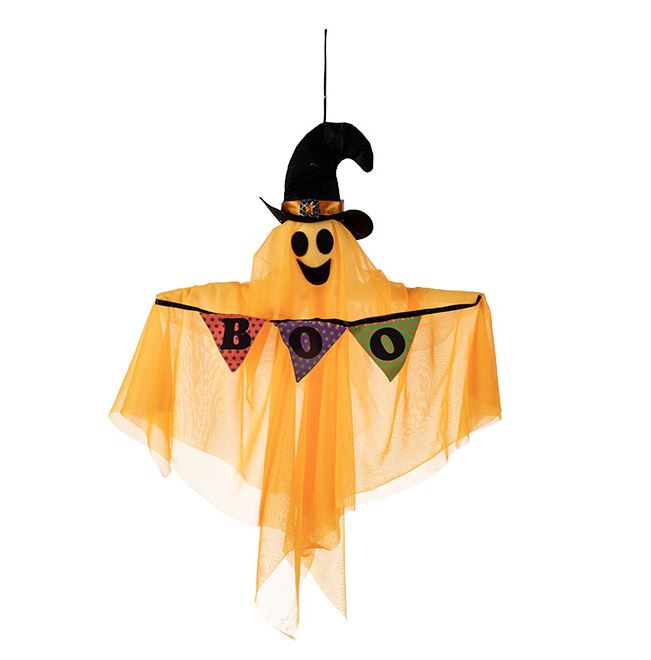 Fantôme souriant orange avec signe "BOO" à suspendre 15 po x 24 po