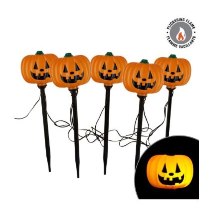 Ensemble de citrouilles lumineuses DEL sur piquet avec effet flamme (5 unités)