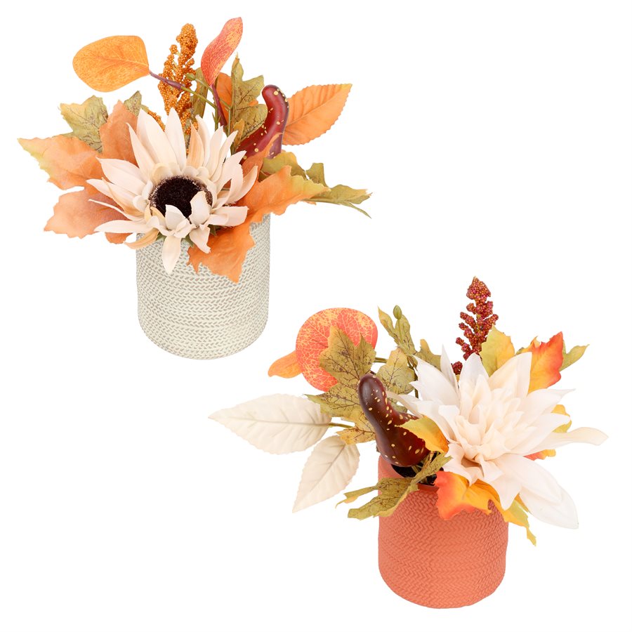 Arrangement de fleurs et citrouille artificiel 7,5 po dans pot en ciment