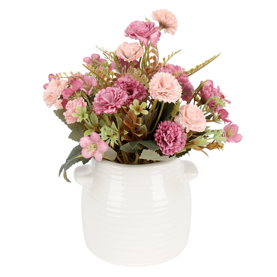 Arrangement de fleurs roses artificielles 9,5 po dans pot en céramique blanc
