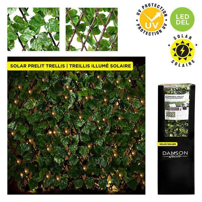 Treillis extensible de feuilles de lierres 72 po x 36 po avec 100 lumières solaires DEL blanc chaud