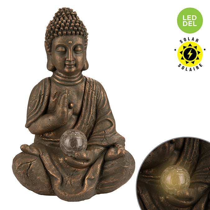 Bouddha avec globe lumineux solaire 16 po fini bronze antique