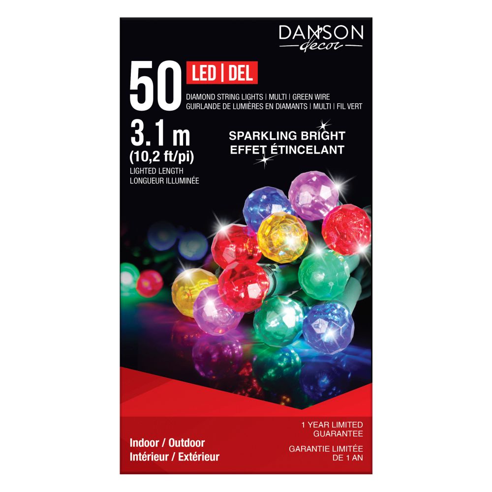 Jeu de lumière intérieur/extérieur 50 lumières au DEL diamant multicolore avec fil vert