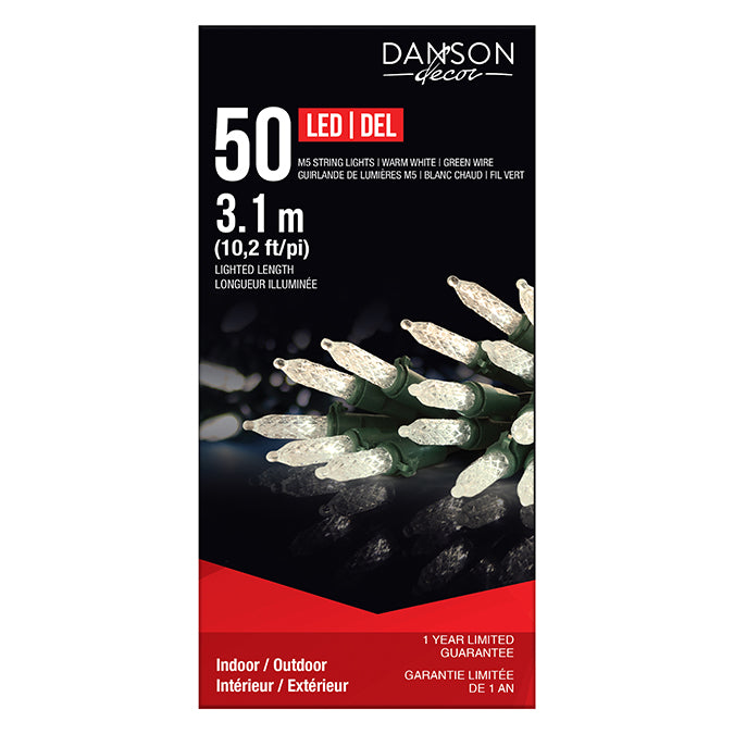Lumières pour intérieur/extérieur, 50 DEL M5, blanc chaud, fil vert 10,2 pi