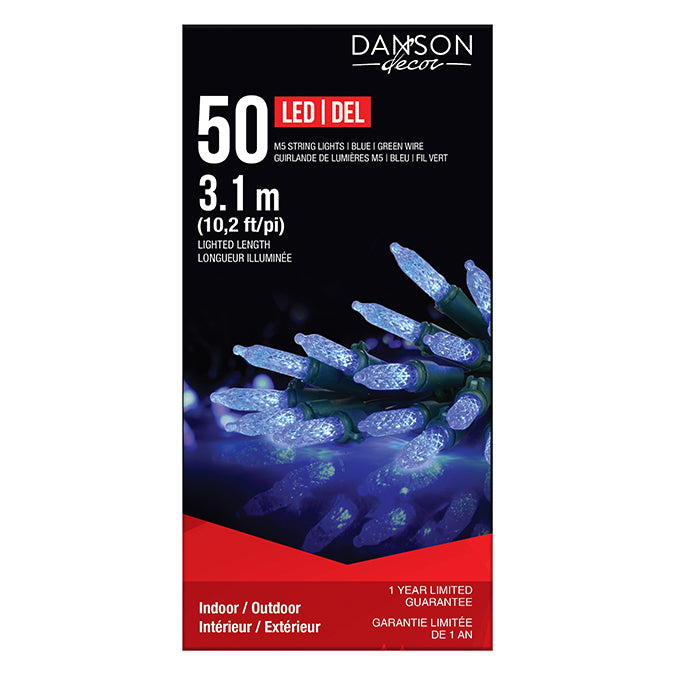 Lumières pour intérieur/extérieur, 50 DEL M5, bleu, fil vert 10,2 pi