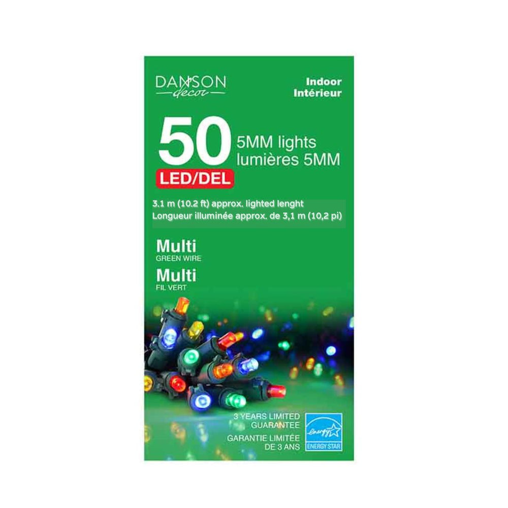 Lumières pour intérieur, 50 DEL 5 mm, multicolore, fil vert, 10,2 pi