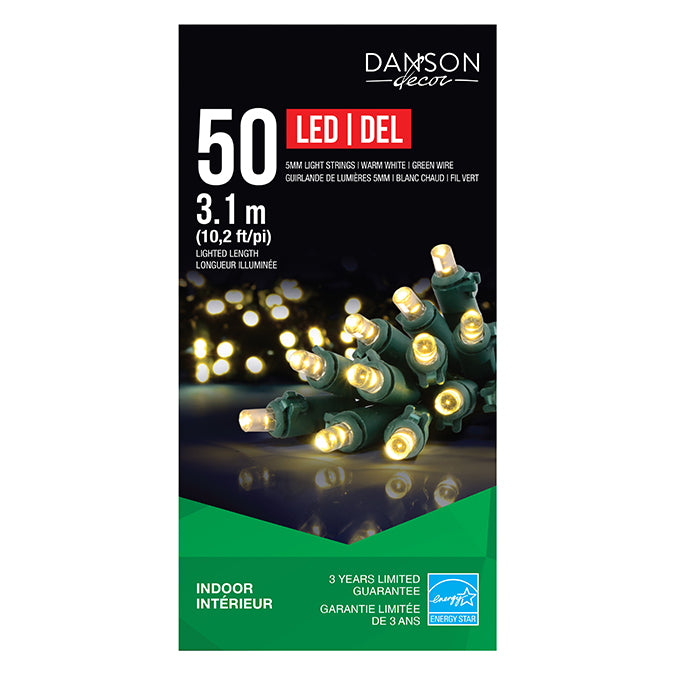 Lumières pour intérieur, 50 DEL 5 mm, blanc chaud, fil vert 10,2 pi