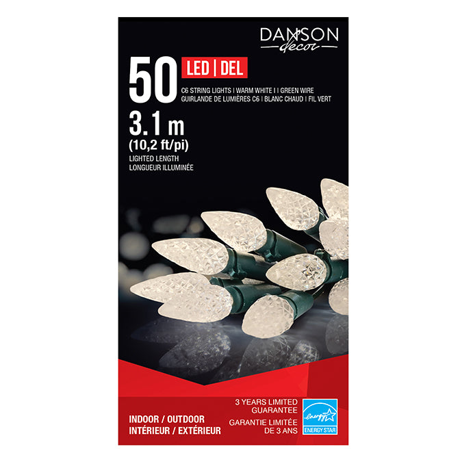 Lumières pour intérieur/extérieur, 50 DEL C6, blanc chaud, fil vert 10,2 pi