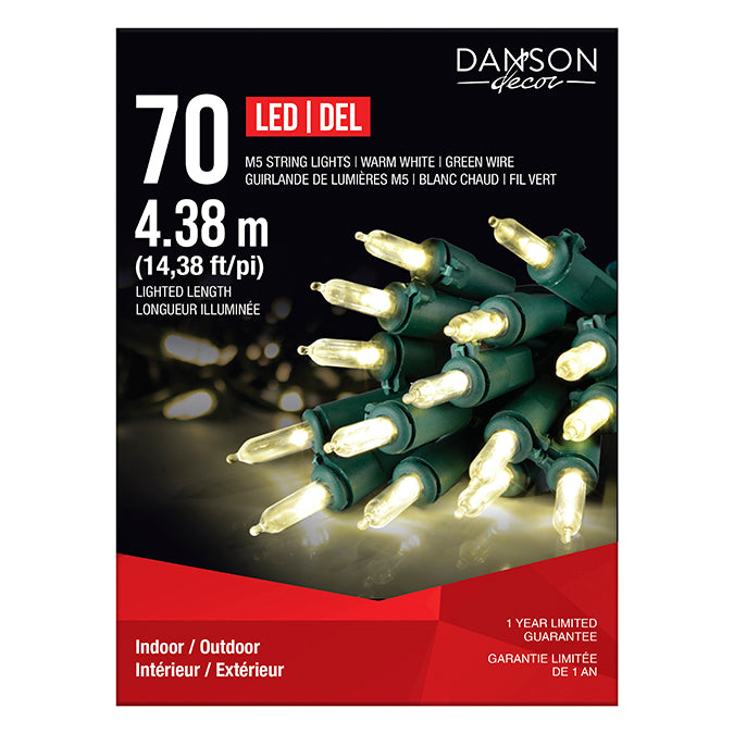 Lumières pour intérieur/extérieur, 70 DEL M5, blanc chaud, fil vert 14,38 pi