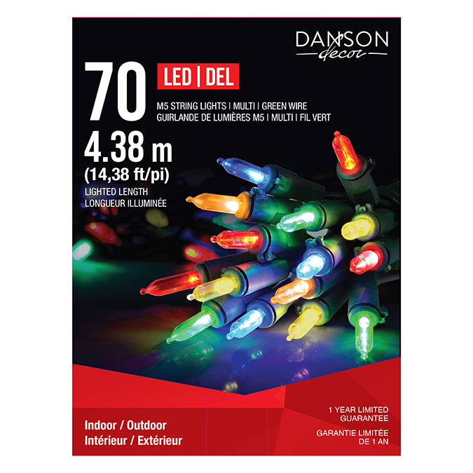Lumières pour intérieur/extérieur, 70 DEL M5, multicolore, fil vert 14,38 pi