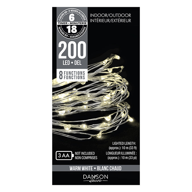 Lumières pour intérieur/extérieur, 200 DEL, blanc chaud, à piles 33 pi