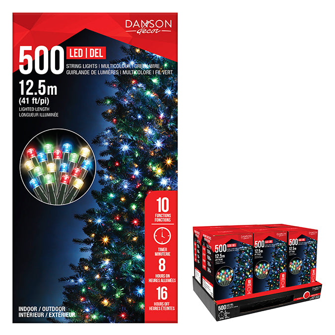 Lumières pour intérieur/extérieur, 500 DEL 3 mm, multicolore, 41 pi avec minuterie 10 fonctions