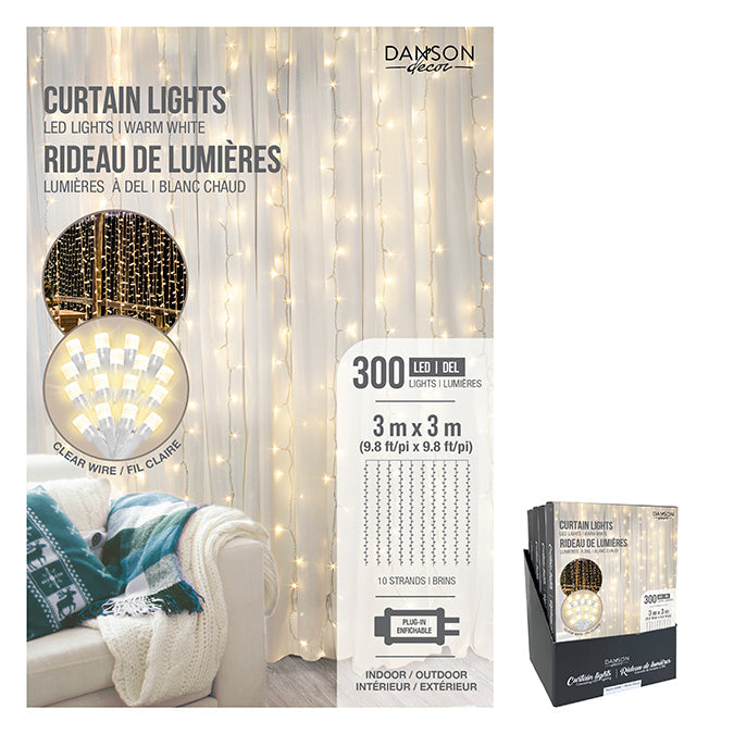 Rideau de 300 lumières DEL blanc chaud 3 m x 3 m