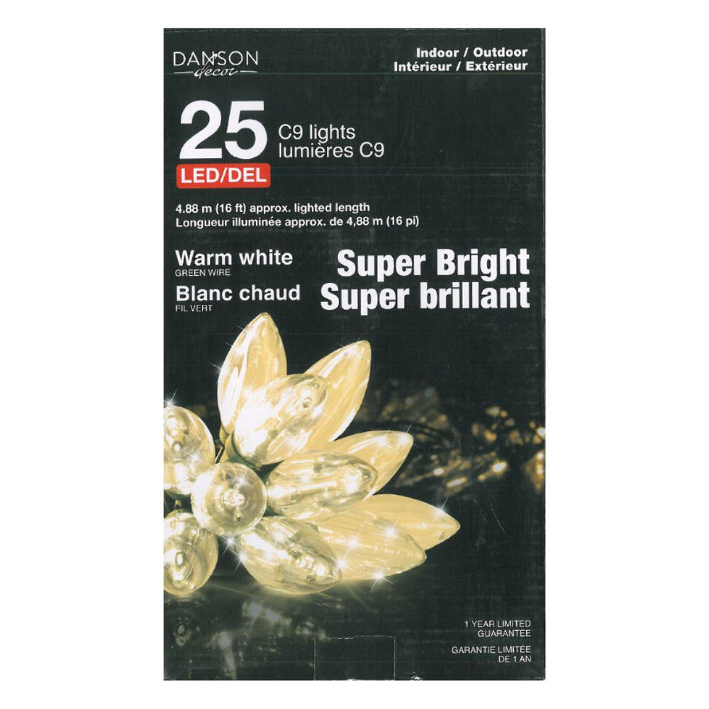 Lumières pour intérieur/extérieur, 25 DEL C9, blanc chaud super brillant, fil vert, 16 pi