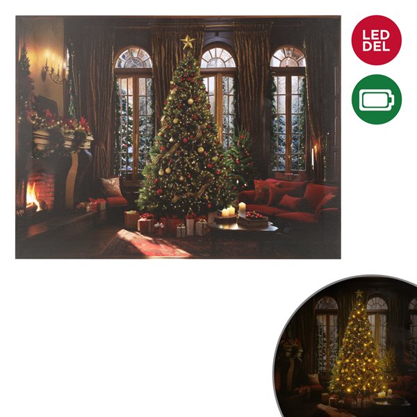 Toile lumineuse 12 po x 16 po Scène de salon de Noël