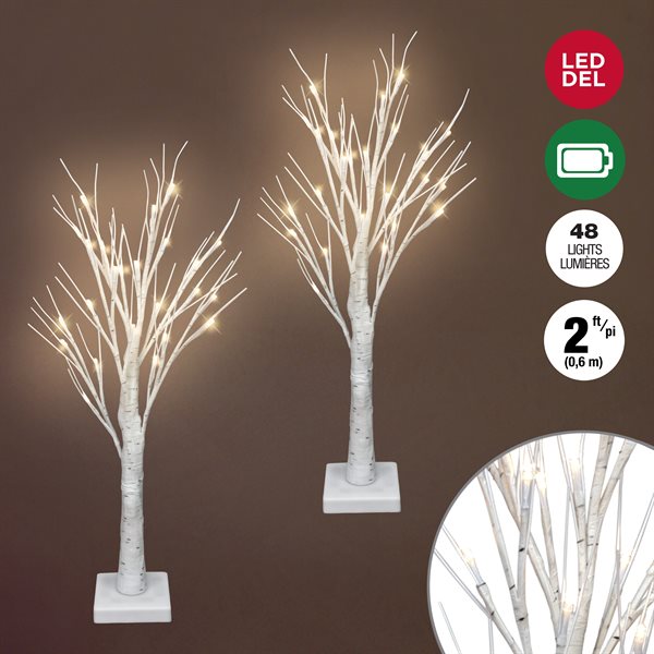 Ensemble de 2 arbres blancs DEL à pile 24 po blanc chaud