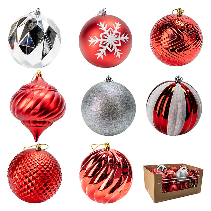 Ornement boule de Noël 120 mm rouge/argent/blanc