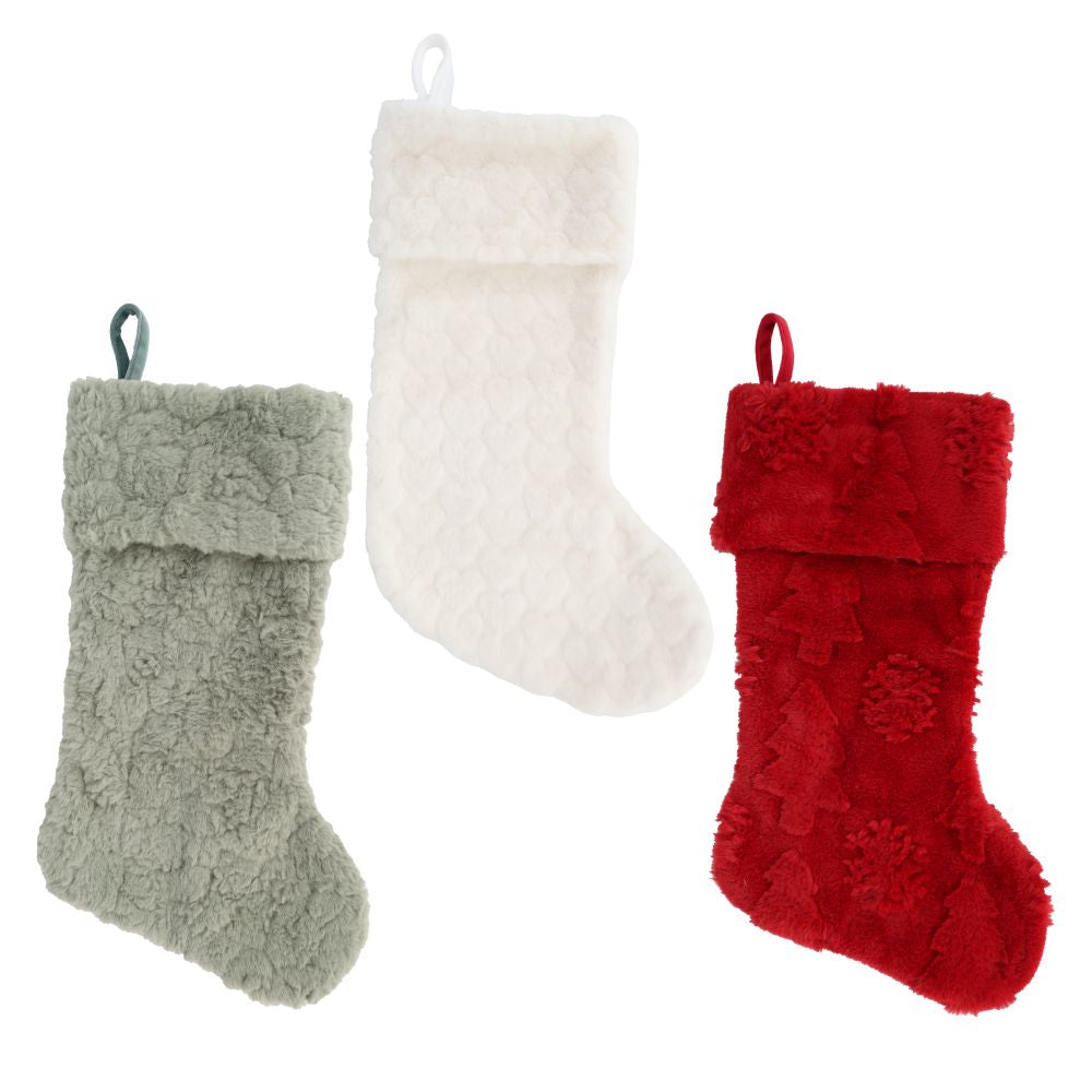 Bas de Noël 19 po en peluche gris, blanc ou rouge