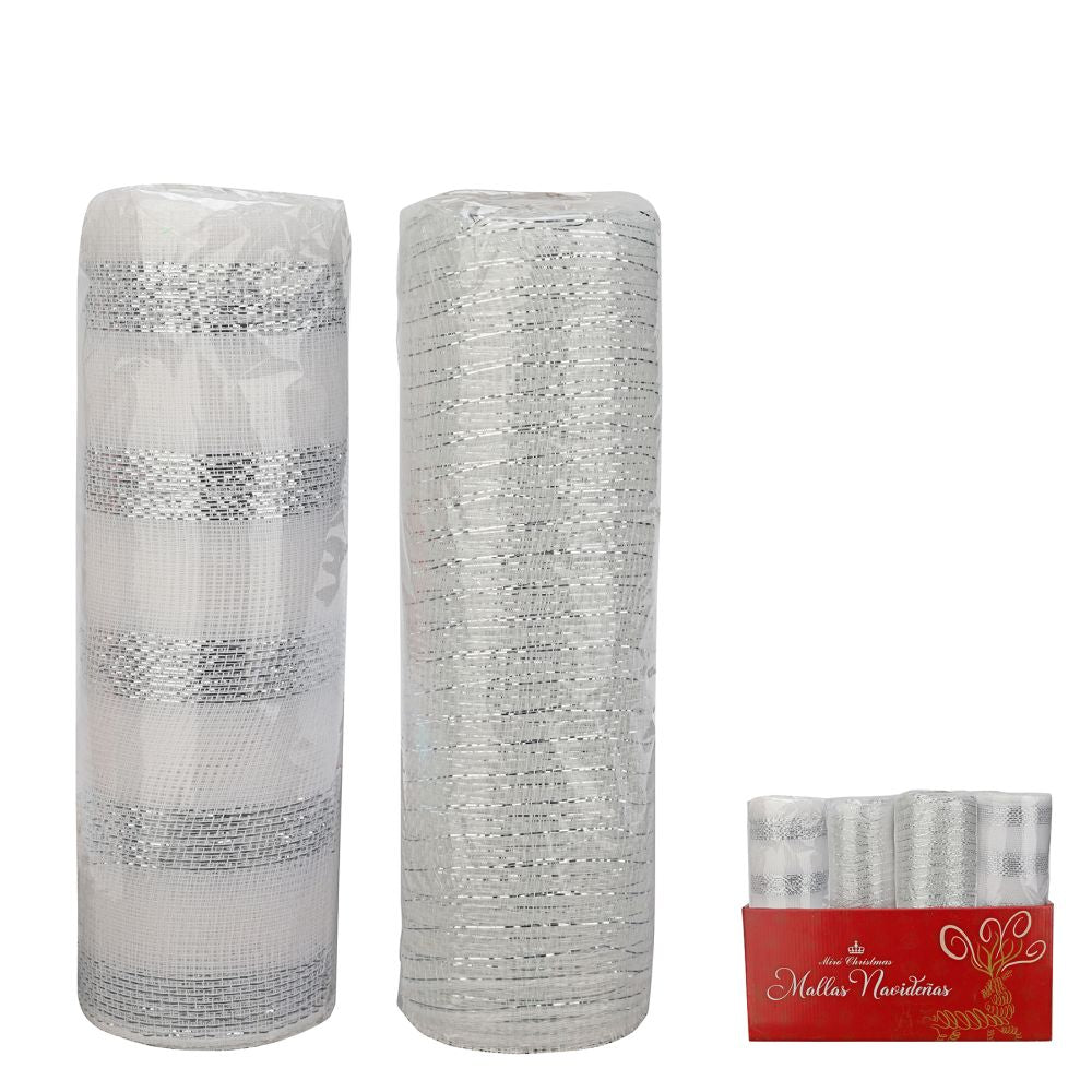 Rouleau de tulle blanc ligné argent 10,5 po x 10 verges