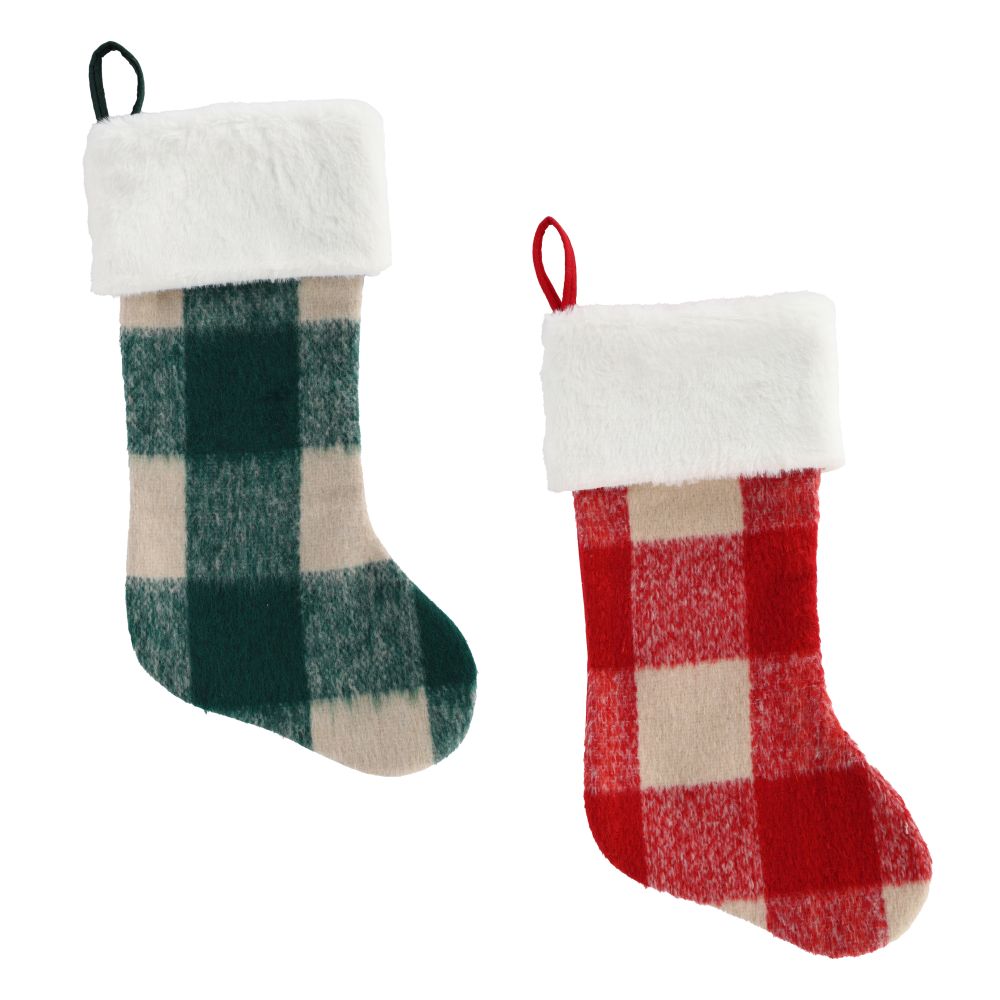 Bas de Noël en laine et fourrure motif carreaux vert ou rouge