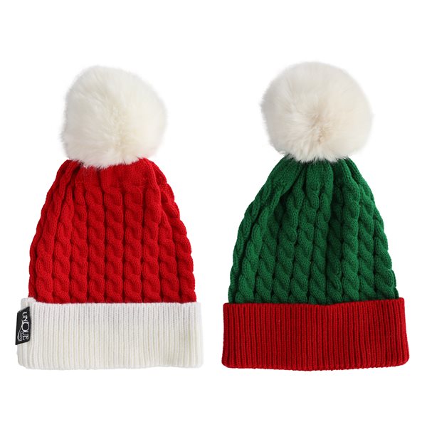Tuque en tricot 11,8 po rouge/vert avec pompon blanc