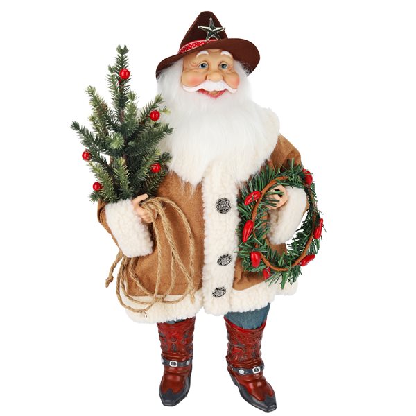 Père Noël en tissu avec chapeau de cowboy, sapin et corde 18 po
