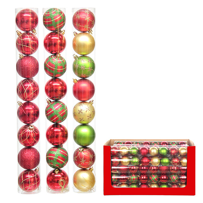 Ornement boule de Noël 60 mm (paquet de 8) brillant en tube assorti rouge/vert/or