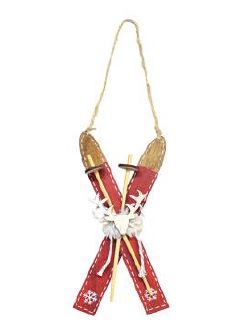 Ornement 2 skis et bâtons 6,5 po rouge